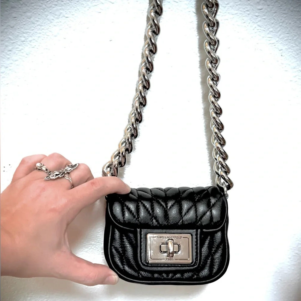 Karl Lagerfeld Micro Mini purse bag Black Quilted Leather & CHUNKY Silver Chain - Picture 4 of 17